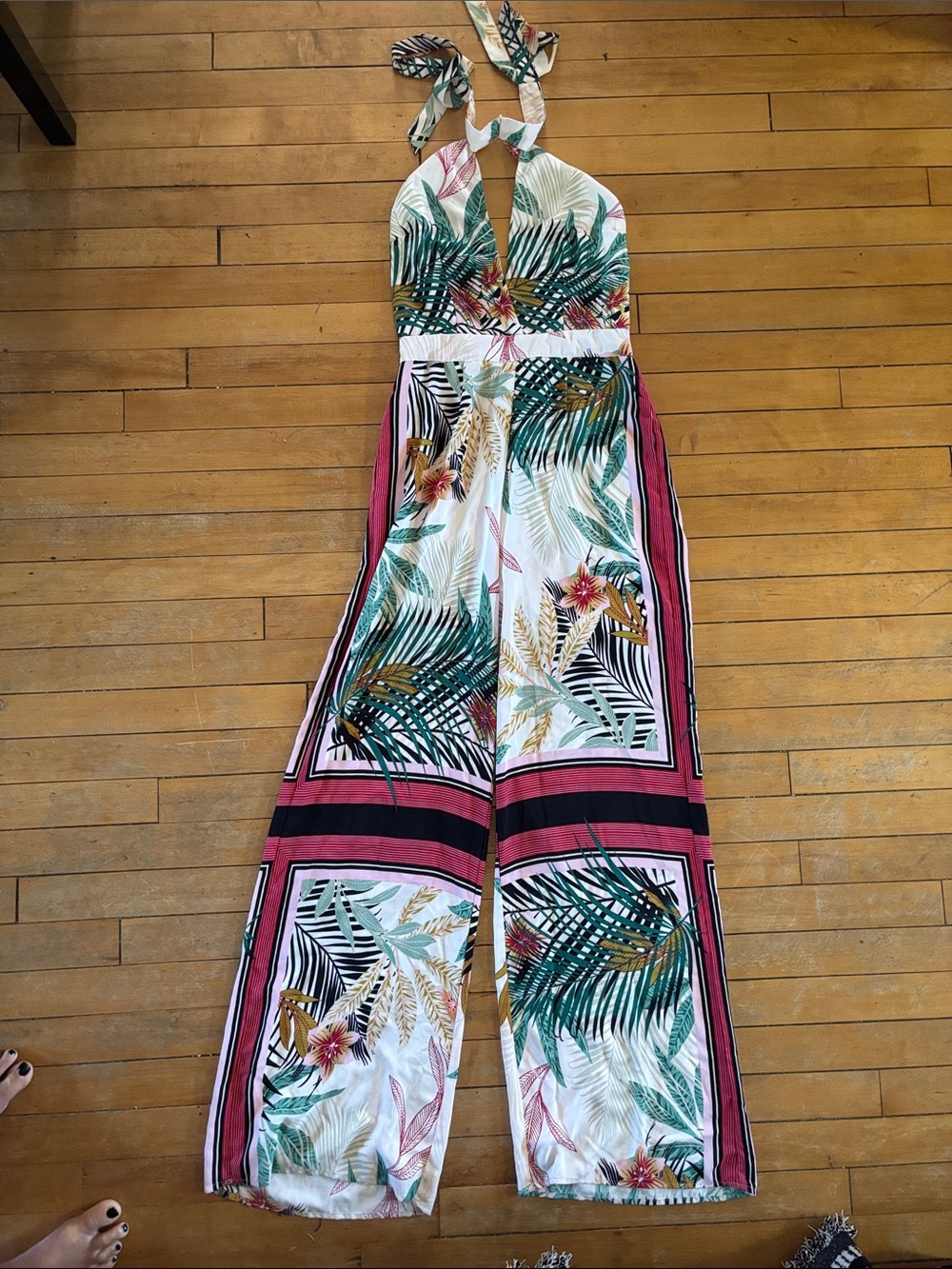 EUC Lulumari Tropical Halter Jumpsuit in Pink, Green & Teal